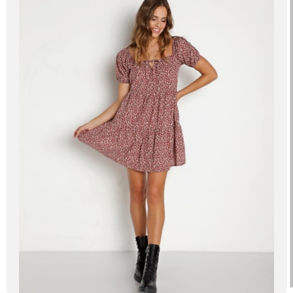 NWT LACAUSA Babydoll Mini Dress Puff Sleeve Mushroom Print Size M - Picture 3 of 11